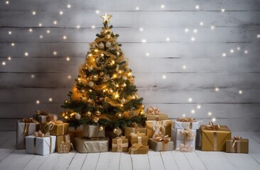 Christmas tree and gifts are placed near white snow on the wooden background