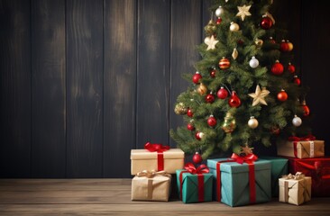 Colorful decoration of Christmas tree and presents are placed in front of a wooden background
