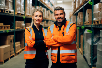 Two workers in vests are smiling in the warehouse. Happy employees. High shelves in stock