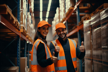 Two workers in vests smiling in warehouse and showing thumbs up. Happy employees