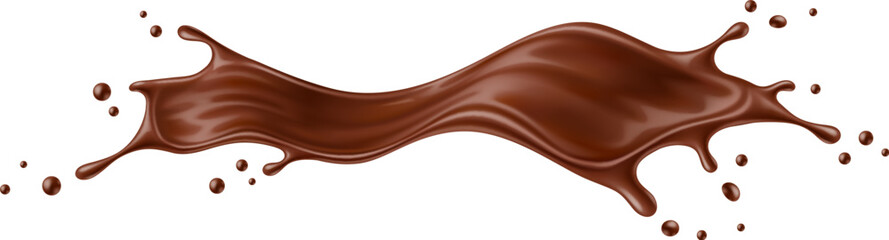 Realistic liquid brown chocolate long wave flow splash. Isolated 3d vector mouthwatering choco jet, velvety smooth cocoa cascading, rich, decadent layer, tempting the taste buds with luscious allure