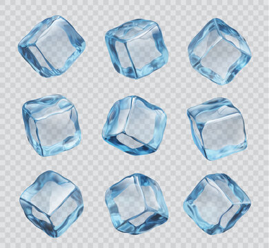 Realistic ice cubes, crystal icy blocks. Isolated 3d vector blue glass pieces for drink cooling, clean square blocks, frozen water for alcohol or cocktail beverages set on transparent background