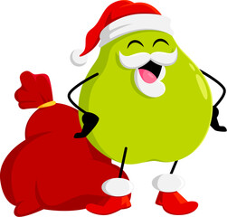 Cartoon Christmas ripe raw green pear fruit character with gifts bag. Isolated vector xmas Father Noel personage deliver presents, spreading festive spirit and joy. Healthy vitamin food Saint Nicholas