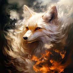 A white fox with smoke and flame