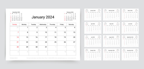 Calendar for 2024 year. Planner calender template. Yearly organizer with 12 pages. Week starts Sunday. Desk schedule grid. Table timetable layout. Horizontal monthly diary. Vector simple illustration