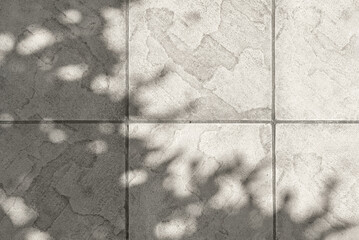 Aesthetic modern neutral beige paving slabs, terrace tile texture background with floral sunlight...