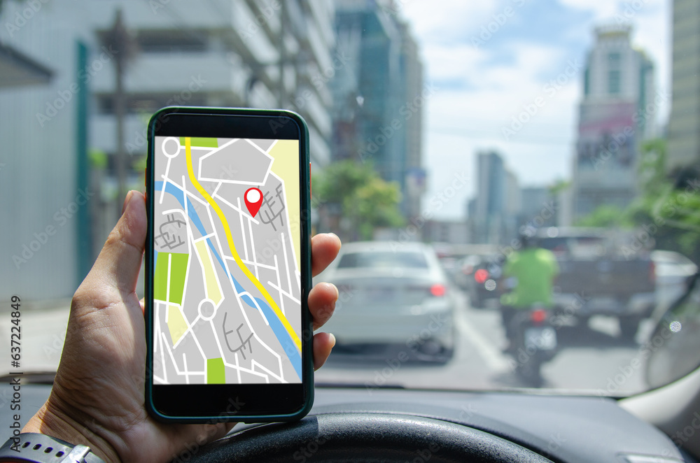 Aufkleber man using mobile phone in map search mode app. smartphone application navigation , gps online locati