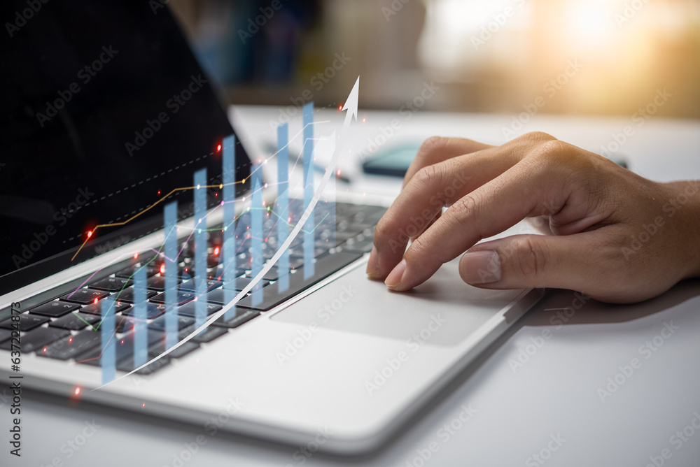 Poster businessman analyze financial data chart of statistics and graph with arrow. business strategy devel