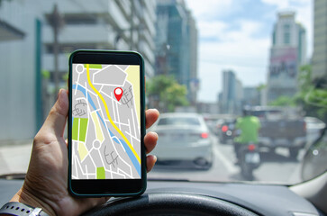 Man using mobile phone in map search mode app. smartphone application navigation , gps online...