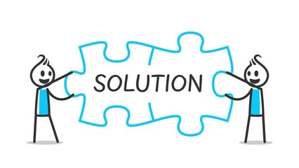 Animation of stick figures joining jigsaw puzzles to be connected each other, teamwork solution