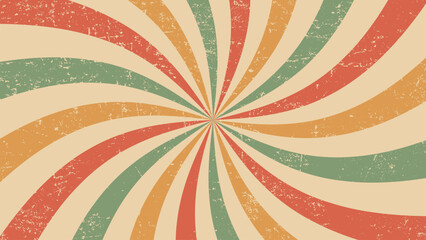 Vintage burst, circus or retro carnival sunlight rays background layout. Vector grungy backdrop with colorful muted curve radiating stripes creating hypnotic effect, evoking a sense of nostalgia - obrazy, fototapety, plakaty