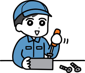 組立作業をしている作業服＆帽子の若い男性