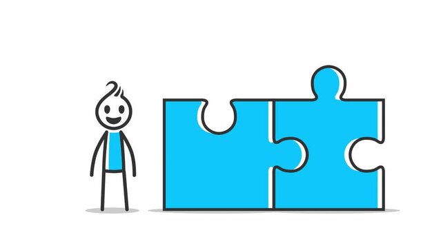 Animation of a stick figure pushing a jigsaw puzzle to be connected with another piece, smart and hard work
