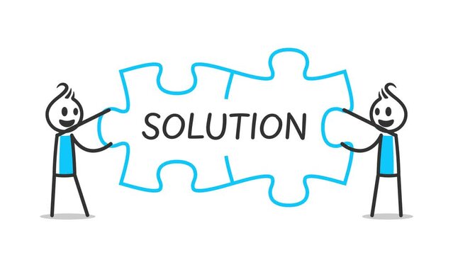 Animation of stick figures joining jigsaw puzzles to be connected each other, teamwork solution