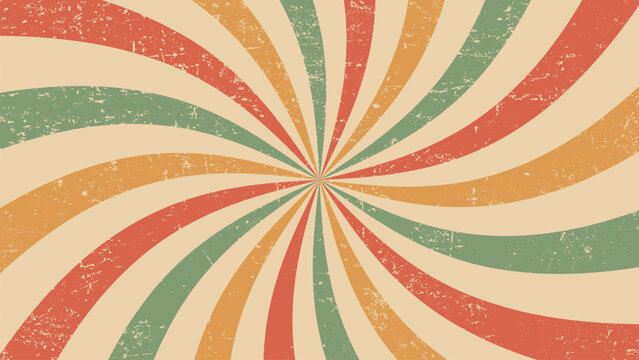 Vintage burst, circus or retro carnival sunlight rays background layout. Vector grungy backdrop with colorful muted curve radiating stripes creating hypnotic effect, evoking a sense of nostalgia