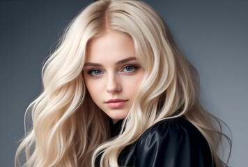 Naklejka premium Young woman with long beautiful blonde hair on dark background. Glossy wavy white hair