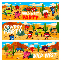 Obraz na płótnie Canvas Wild West desert, cartoon western berry cowboy, sheriff, ranger and bandit characters, kids party vector banners. Kindergarten costume game or birthday party with funny Western berry as Texas bandits