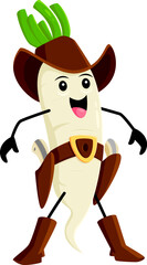 Naklejka premium Cartoon wild west daikon radish cowboy vegetable character. Isolated vector fresh lively veggies personage wear stockrider attire bringing a playful twist with its unique charm and adventurous spirit