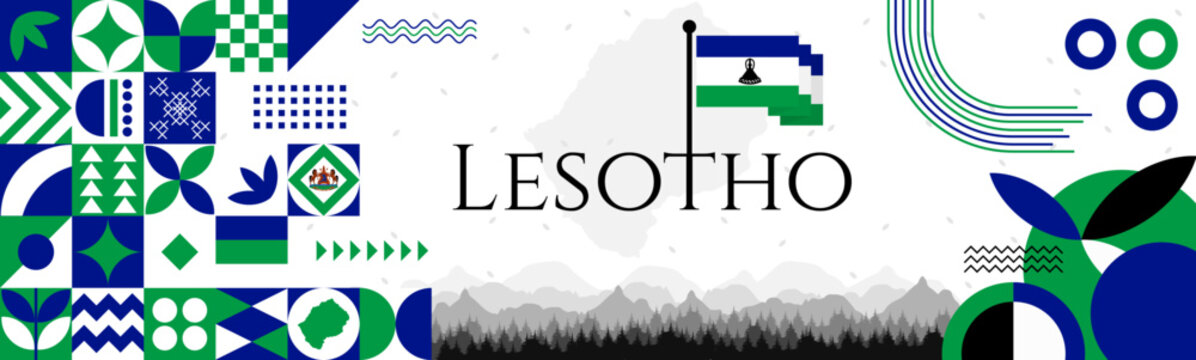 The Lesotho Independence Day abstract banner design with flag and map. Flag color theme geometric pattern retro modern Illustration design. Blue and green color template.