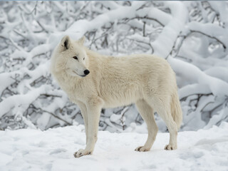 Obraz premium white polar wolf stands in the background of the forest