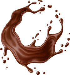 Realistic chocolate milk round splash wave with melted drops. Vector 3d dark cocoa drink and dessert food swirl, isolated brown whirlwind of hot chocolate, milk shake, choco sauce or syrup spill