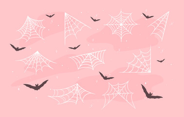 White spider webs and black bats in Cute Pink Halloween background. Elements for decor for the celebration of Halloween. Cute Halloween vector elements. 