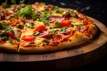 Close up pizza on wood plate.