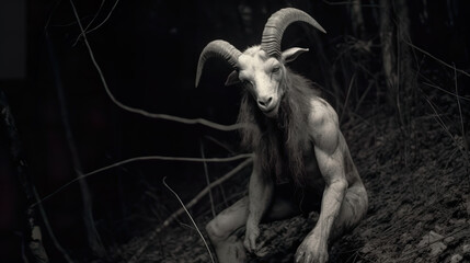 Goatman is a creature resembling a goat-human hybrid  - obrazy, fototapety, plakaty