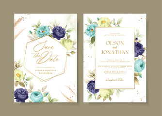 Floral wedding invitation and menu template set with purple blue roses and leaves decoration