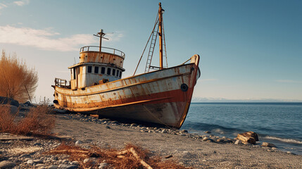 On the coastline of Cyprus, an aged, weather-worn ship stands as a testament to time.