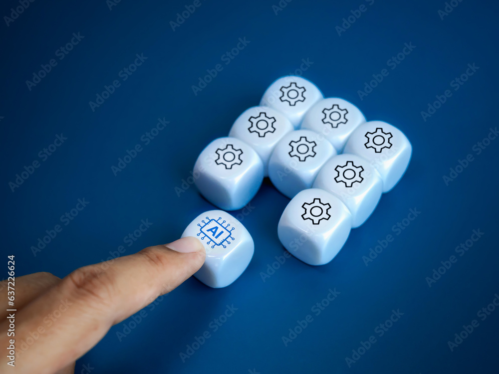 Poster support technology from artificial intelligence concept. ai chip icon on white cube block push by ha