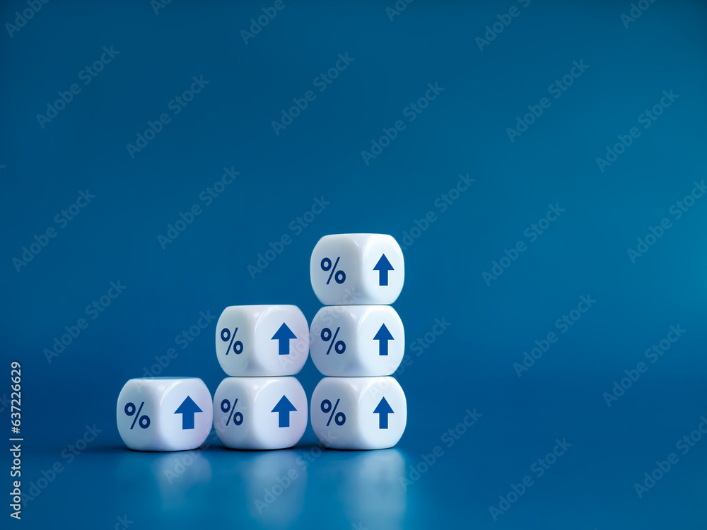 Poster rise up arrows on white cube blocks bar graph chart steps with percentage icon isolated on blue back