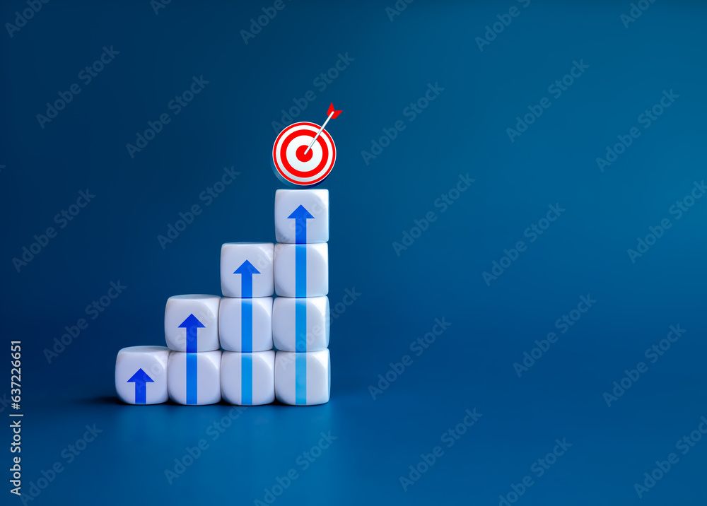Poster 3d goal target icon and arrows on white blocks as business chart steps on blue background with copy 