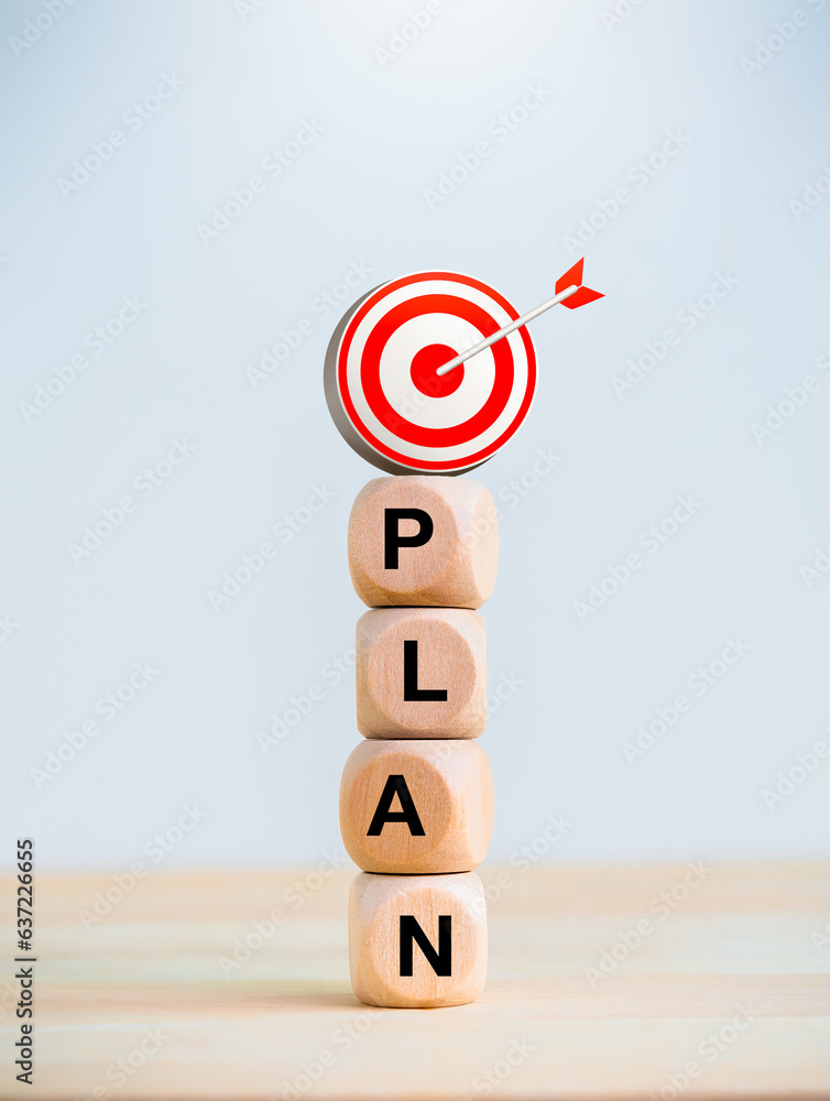 Poster business plan with goal and success concept. 3d target dart icon on wooden cube blocks stacked with 