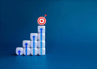 3d Goal target icon and arrows on white blocks as business chart steps on blue background with copy...