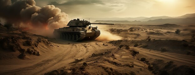 Inferno of Valor: Battle Tank Ignites the Desert Battlefield with Explosive Support, generative AI