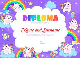 Kids diploma with magic caticorn cat and kitten cute characters on clouds. Education achievement, competition winner vector award or child diploma with magic creatures, cute caticorn personages