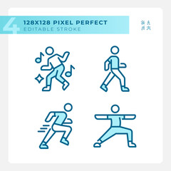 Pixel perfect blue icons set of fitness, editable thin line wellness illustration.