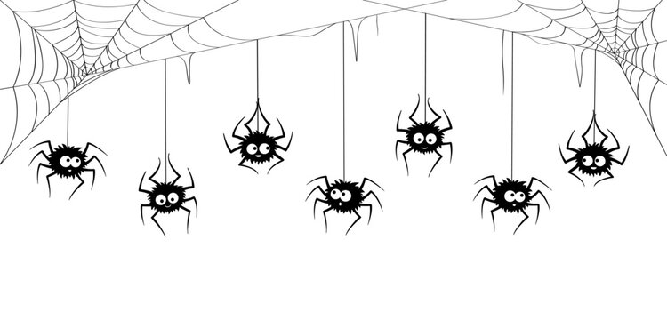 Spider Halloween characters border with cobweb. Vector spinner personages and spiderwebs monochrome frame on white background. Black funny insects hanging on strings down the tangled webs