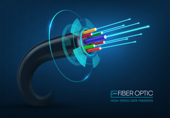 Fiber optic cable, 3d vector flexible strand of glass or plastic that transmits data using light signals, providing high-speed and reliable communication for internet, phone, and television services - obrazy, fototapety, plakaty