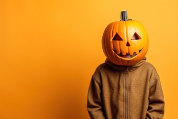 Portrait of a kid with pumpkin head. Funny kid standing isolated on a yellow background, holding a carved orange pumpkin and hiding his face behind it. Halloween concept