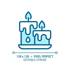 2D pixel perfect editable blue candles icon, isolated vector, meditation thin line illustration.