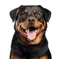 Rescued Rottweiler smiling in studio with tongue out and light transparent background