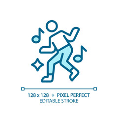 2D pixel perfect editable blue dance icon, isolated vector, thin line illustration.