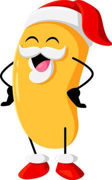 Cartoon cheerful Christmas holiday mango fruit character wear Santa Claus hat. Isolated vector festive and merry father Noel personage laugh with arms akimbo. Cheerful comic saint Nicholas smile