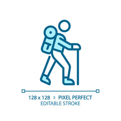 2D pixel perfect editable blue hiking icon, isolated vector, thin line illustration.