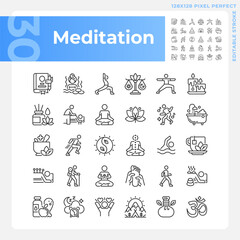 Fototapeta premium Pixel perfect black icons set representing meditation, editable thin line wellness illustration.
