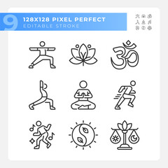 Pixel perfect black icons representing meditation, editable thin line wellness illustration set. - obrazy, fototapety, plakaty