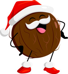 Cartoon Christmas coconut nut character wear Santa Claus hat. Isolated vector festive and merry tropical plant father Noel personage laugh with arms akimbo. Cheerful comic coco nut saint Nicholas