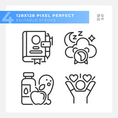 2D pixel perfect black icons set representing meditation, editable thin linear wellness illustration.